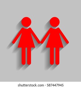 Lesbian family sign. Vector. Red icon with soft shadow on gray background.