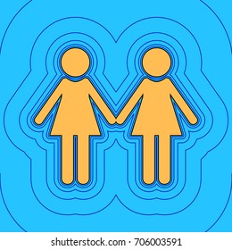 Lesbian family sign. Vector. Sand color icon with black contour and equidistant blue contours like field at sky blue background. Like waves on map - island in ocean or sea.