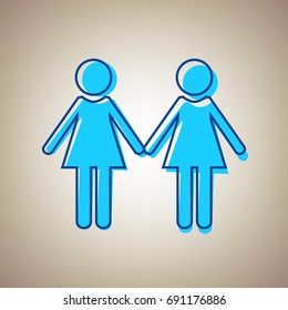 Lesbian family sign. Vector. Sky blue icon with defected blue contour on beige background.