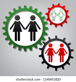 Lesbian family sign. Vector. Three connected gears with icons at grayish background.