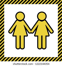 Lesbian family sign. Vector. Warm yellow icon with black contour in frame named as under construction at white background. Isolated.