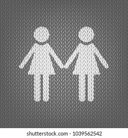 Lesbian family sign. Vector. White knitted icon on gray knitted background. Isolated.