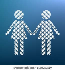 Lesbian family sign. Vector. White textured icon at lapis lazuli gradient background.