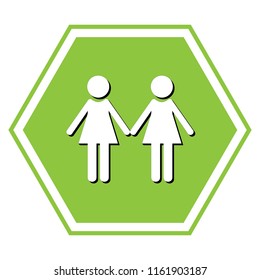 Lesbian family sign. Vector. White icon with black shadow at yellow green honeycomb on white background.