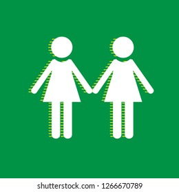 Lesbian family sign. Vector. White flat icon with yellow striped shadow at green background.