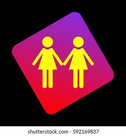 Lesbian family sign. Vector. Yellow icon at violet-red gradient square with rounded corners rotated for dynamics on black background.