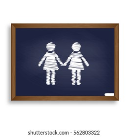 Lesbian family sign. White chalk icon on blue school board with shadow as background. Isolated.