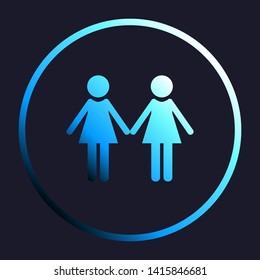 Lesbian family sign. White, cyan and blue gradient icon as round button in white shell at dark blue background. Illustration.