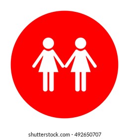 Lesbian family sign. White icon on red circle.