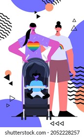 lesbian family walking with newborn baby in stroller motherhood transgender love LGBT community