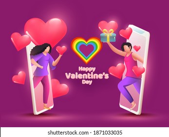 Lesbian Female Couple Giving Gifts Through Video Call On The Occasion Of LGBTQ Valentine Day.