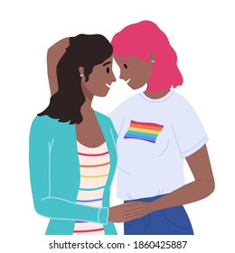 Lesbian female couple hugging, gay couple. Woman hug and kiss. Homosexuality. LGBTQ+ people, lesbians, human rights freedom. Multiethnic characters, african ladies. Love relationship, romantic date.  