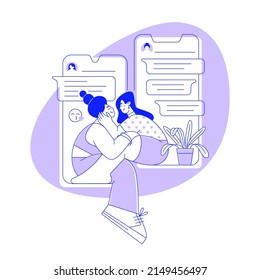 Lesbian female loving couple on background of message. Vector template of LGBT in flat style with outline. Networking. Chatting online. Communication on Internet. Romantic illustration, line art.