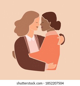 Lesbian female multiracial couple together. Woman tender hug and kiss. Abstract women portrait in pastel colors. Cutout people art poster. 