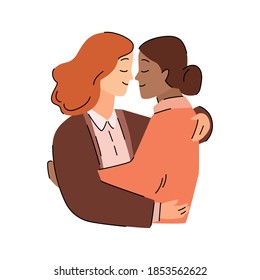 Lesbian female multiracial couple together. Woman tender hug and kiss. Modern lovers portrait in pastel colors, flan minimalistic style. Stock vector illustration.
