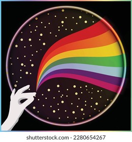 Hand hält Regenbogen im Weltraum, psychedelische Flagge, 70er Retro-Poster, Disco-Tanz Sommernachtshintergrund 