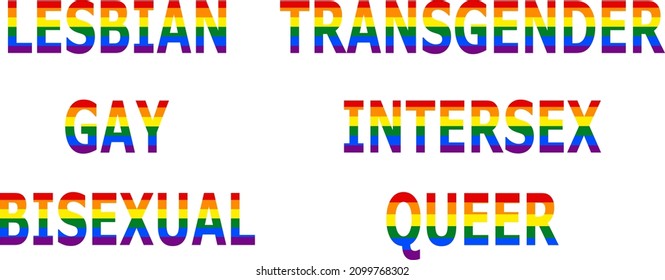 Lesbian, gay, bisexual, transgender, intersex and queer text colored in LGBT flag 