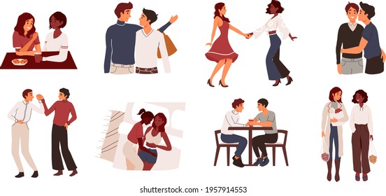 Lesbian and gay couple lifestyle. Family hug, lie on bed, dance. Homosexuality. LGBTQ+ people, lesbians, human rights freedom. Multiethnic characters. Set of love relationship, romantic date, marriage