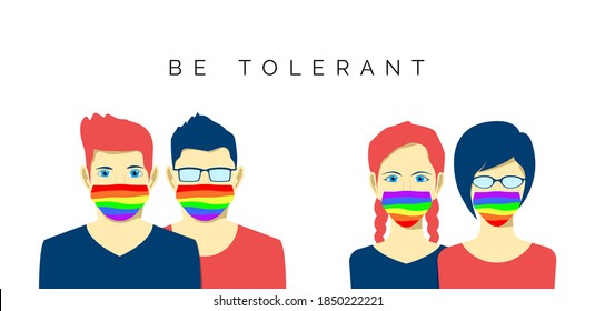 Lesbian and gay couples in face mask. lgbt pride colors. Tolerance and health care. Vector