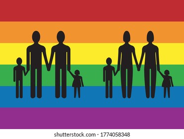 
Lesbian and gay family with children over lgtbi flag