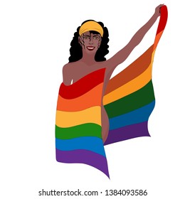 Lesbian girl holding LGBT flag.