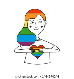 Lesbian girl holding a rainbow heart. Rainbow in hair. LGBTQ symbol. Vector illustration in simple style. Isolated character on white background. Design banner, sticker, badge. For advertising, print 