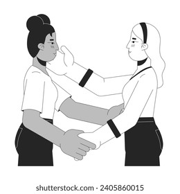 Lesbian girlfriends lovers embrace black and white 2D line cartoon characters. Lovey-dovey women isolated vector outline people. I love you. Intimate bonding monochromatic flat spot illustration