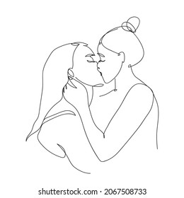 Lesbian Girls Are Kissing. Homosexual Couple, Love, Romantic, Kiss. Women. LGBT Family. Vector Isolated Black And White Line Drawing. One Continuous Line Illustration.