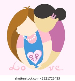 Lesbian girls in love holding female signs in heart on pink background - simple vector illustration. LGBT pride Gay and Lesbian concept