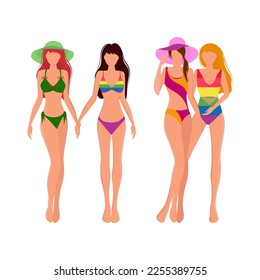 Lesbian girls in swimsuits. Relationships, love. Vector set in the flat style.
