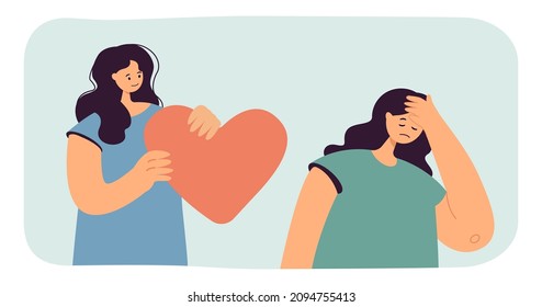 Lesbian giving heart and love to unhappy depressed woman. Sad girl denying romantic gift flat vector illustration. Lovesickness, unrequited love concept for banner, website design or landing web page