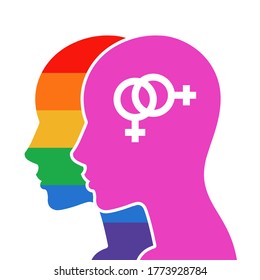 lesbian head with rainbow flag and symbol on a white background. flat vector illustration.