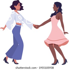 Lesbian homosexual couple dancing lindy hop or swing at class or party. Women holding hands. Lgbt family on romantic date. Homosexuality. LGBTQ+ people love, diversity, relationship, pride parade