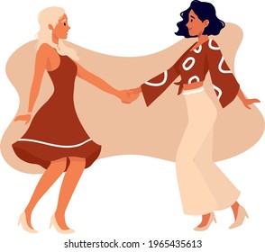 Lesbian homosexual couple dancing lindy hop or swing at class or party. Women holding hands. Lgbt family on romantic date. Homosexuality. LGBTQ+ people love, diversity, relationship, pride parade