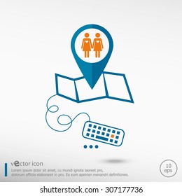 Lesbian icon and pin on the map. Line icons for application development, creative process. 