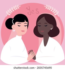 Lesbian International Couple's Wedding. Two Women Getting Married, Put On Rings And Say Yes. Wives. Love Is Love. Flat Vector Illustration. LGBT + Couples' Right To Marriage