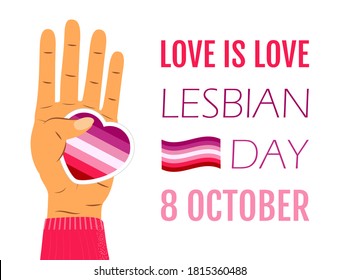 Lesbian International Day concept vector. Hand is taking heart in lesbian colors. Flag with pink stripes is shown. Event is celebrated in 8 October.
