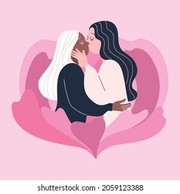 Lesbian Kissing. Female Hug And Kiss. Sweetheart Couple Together. Two Bisexual Partner Embrace. Lgbt Girls. Happy Colorful Character. Homosexual Ladies. Vector Illustration.