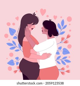 Lesbian Kissing. Female Hug And Kiss. Sweetheart Couple Together. Two Bisexual Partner Embrace. Lgbt Girls. Happy Colorful Character. Homosexual Ladies. Vector Illustration.