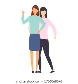 Ilustración vectorial LGBT lesbiana. Dos jóvenes multiculturales enamoradas. Relaciones románticas lesbianas.