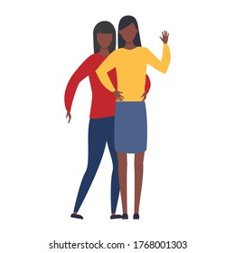 Lesbian LGBT vector illustration. Two young multicultural girls in love. Romantic lesbian relationships. African, american and european people with black skin.