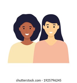Lesbian LGBT vector illustration. Two young multicultural girls in love. Family concept. Friends women characters. Romantic lesbian relationships. African couple people with black skin.