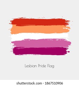 Lesbian lgbt vector watercolor flag. Hand drawn ink dry brush stains, strokes, stripes, horizontal lines isolated on white background. Painted colorful symbol of non-binary, pride, rights equality.