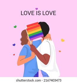 
Lesbian Love Couple Hold Flags With Lgbt Rainbow. Two Kissing Women. Pride Month Celebration Against Violence, Descrimination, Human Rights Violation. Concept Of Lesbian Or Bisexual Couple, Lgbt. 