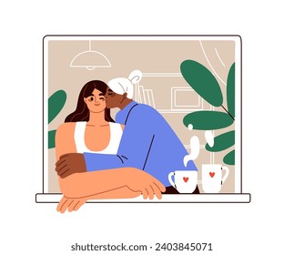 Lesbian love couple at home. LGBT woman kissing, hugging girl partner. House window with romantic female valentines, partners embracing. Flat graphic vector illustration isolated on white background