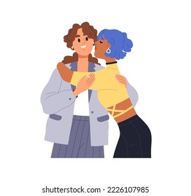 La pareja de lesbianas. Besos de chicas homosexuales, abrazando a una feliz compañera. Parejas LGBT de diferente raza en relación romántica. Ilustración vectorial plana aislada en fondo blanco