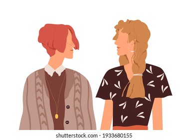 Lesbian love couple of two enamored girlfriends standing together. Scene with homosexual women. Colored flat vector illustration of modern trendy friends isolated on white background