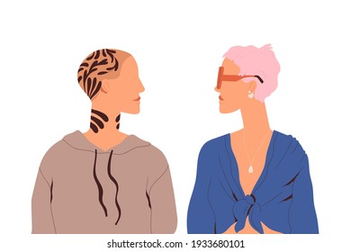 Lesbian love couple of two trendy women standing together and looking at each other. Homosexual partners or girlfriends. Flat vector illustration of modern friends isolated on white background