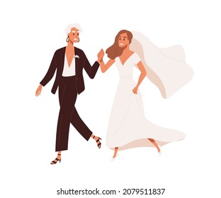 Lesbian Love Couple Wedding. Homosexual Women Marriage. Happy Newlyweds With Age Gap. Same-sex Brides In Dress And Suit Holding Hands. LGBT Partners. Flat Vector Illustration Isolated On White