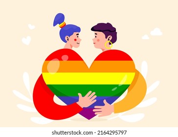 Lesbian Love. Gay Pride Month. Homosexual Female Couple Bonding. Lgbtq+ Family. Rainbow Colored Heart.